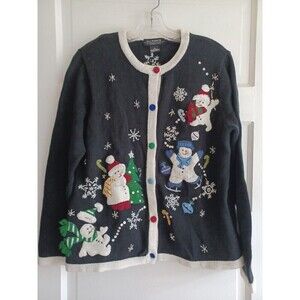 Holiday cardigan womens M Ugly Christmas novelty sweater snowmen winter classic
